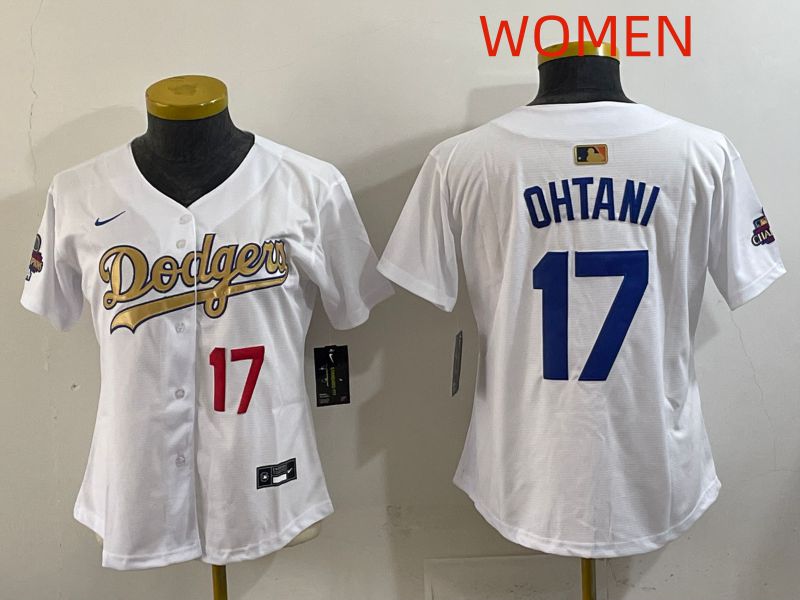 Women Los Angeles Dodgers #17 Ohtani White Champion edition Nike MLB Jersey style 008